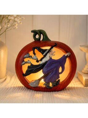 Vintage Halloween Pumpkin Witch Light Up Lamp Ceramic Cut Out Jack O Lantern